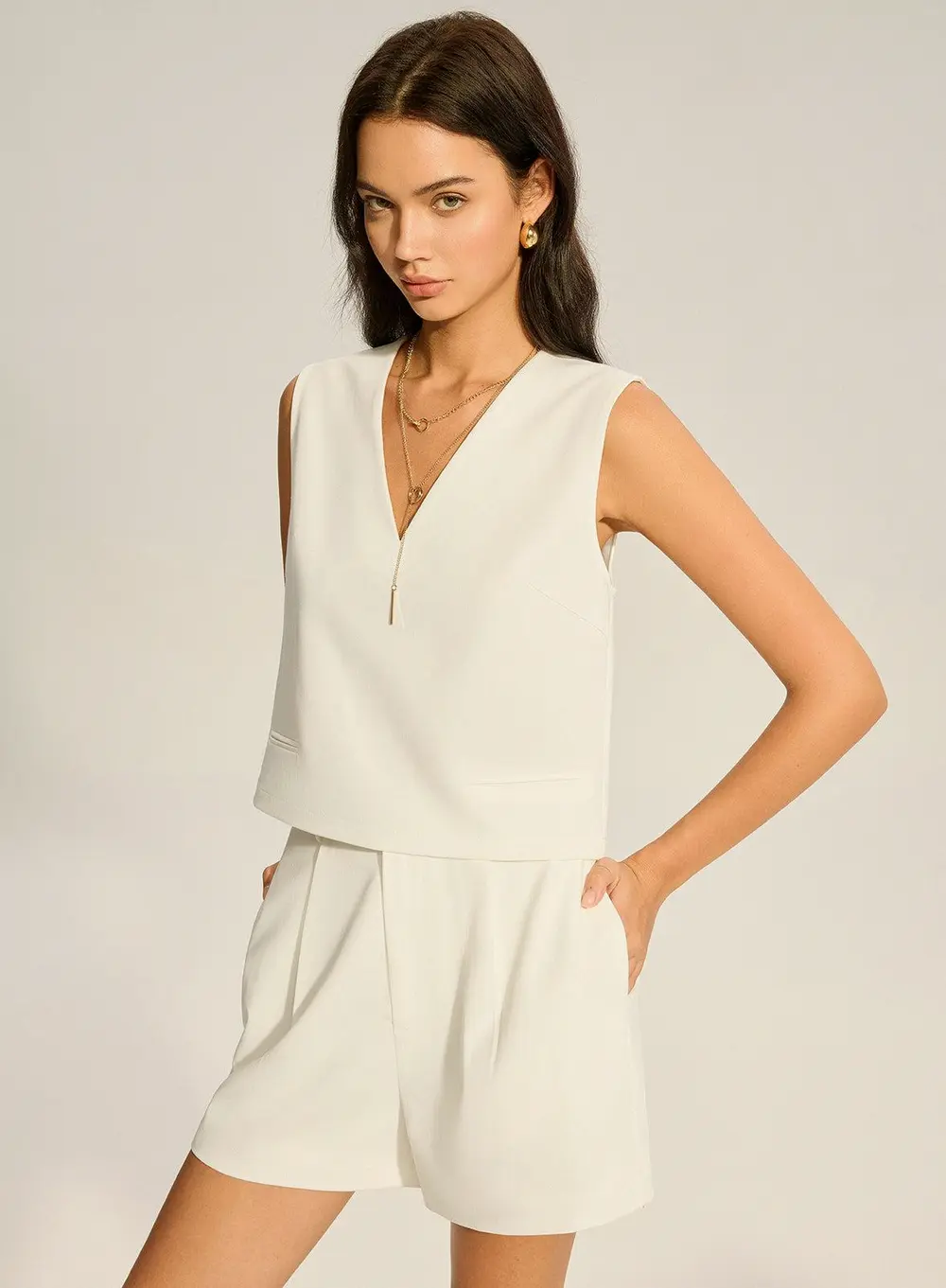 V-Neck Pocketed Top and Pleated Shorts Set