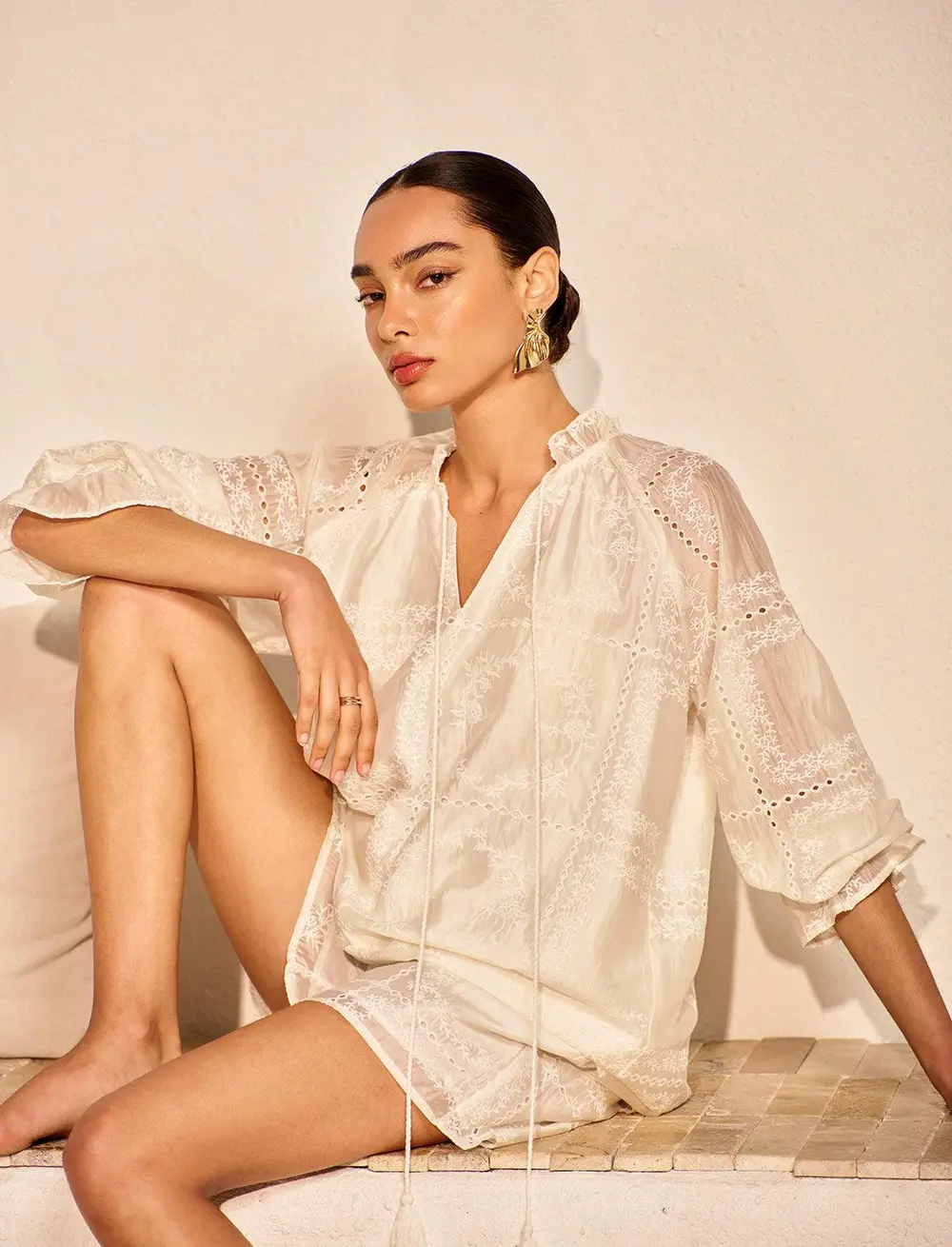 Embroidery Detail Long Sleeve Shorts Set