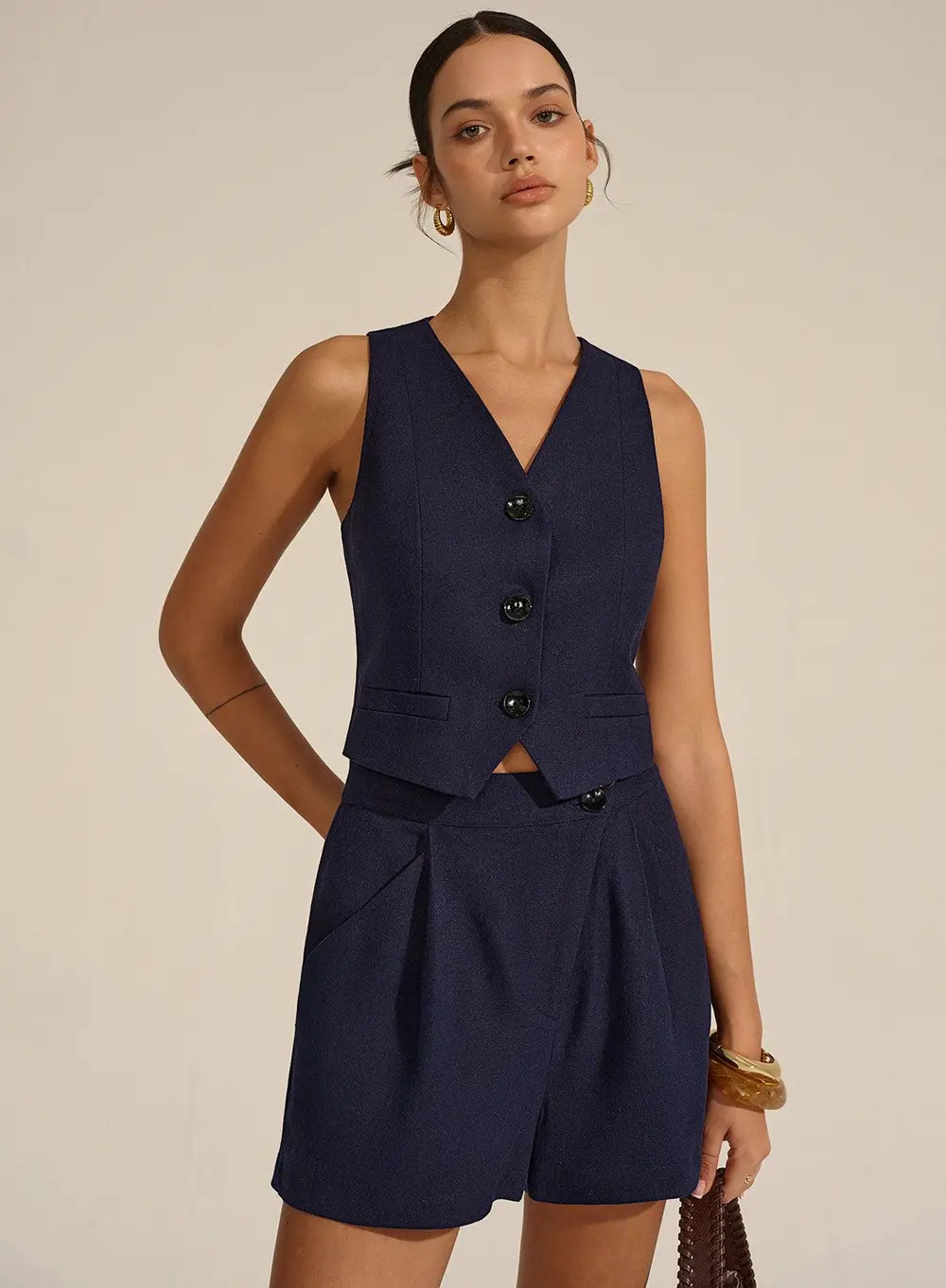 Sleeveless V-Neck Blazer Vest and Shorts Set