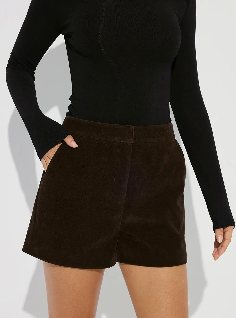 Mid-Waist Suede Effect Shorts