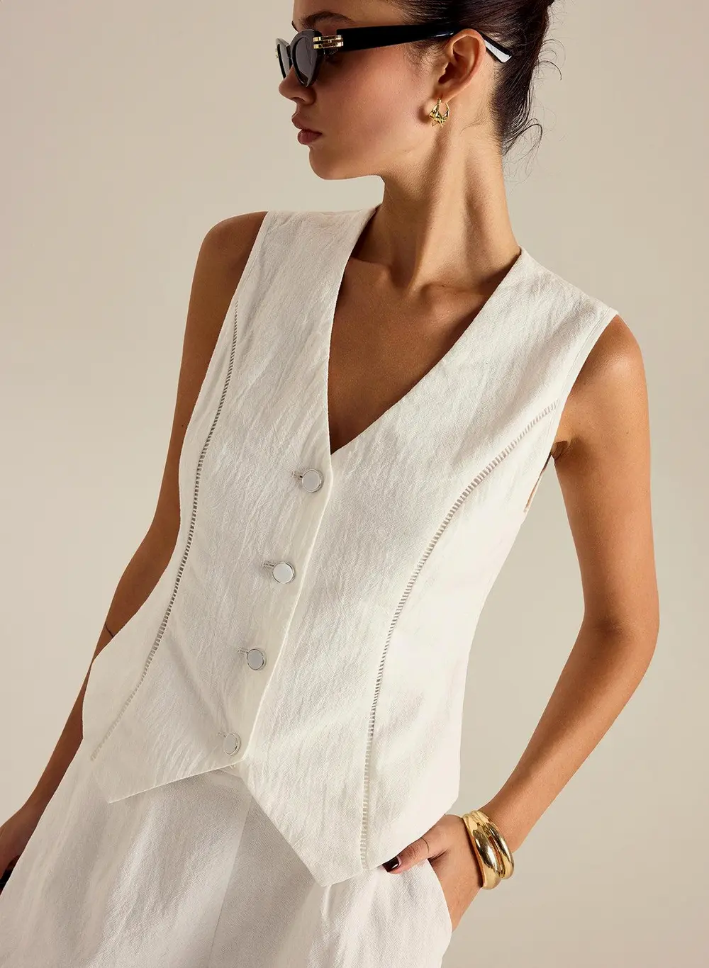 Cotton Button Detail Vest Top With Pockets Shorts Set