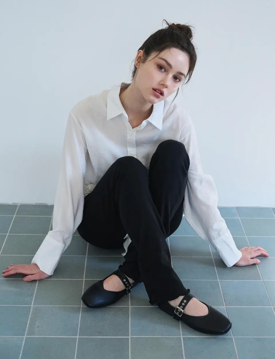 Sage Buckle Mary Jane Flat Shoes 1cm (CW0110BK)