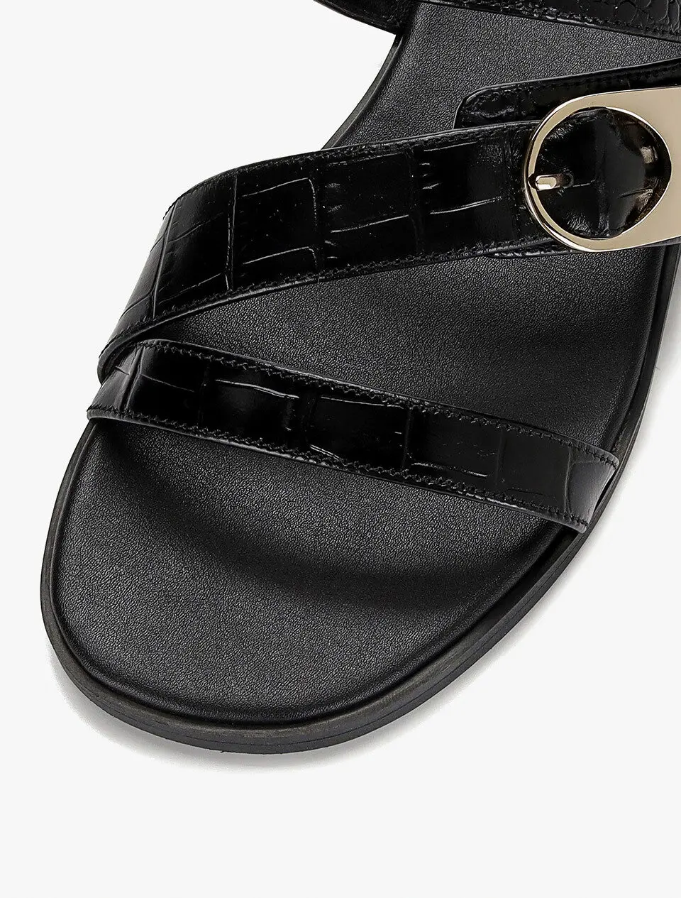 Anello Croc Embossed Crossover Strap Slippers - Black