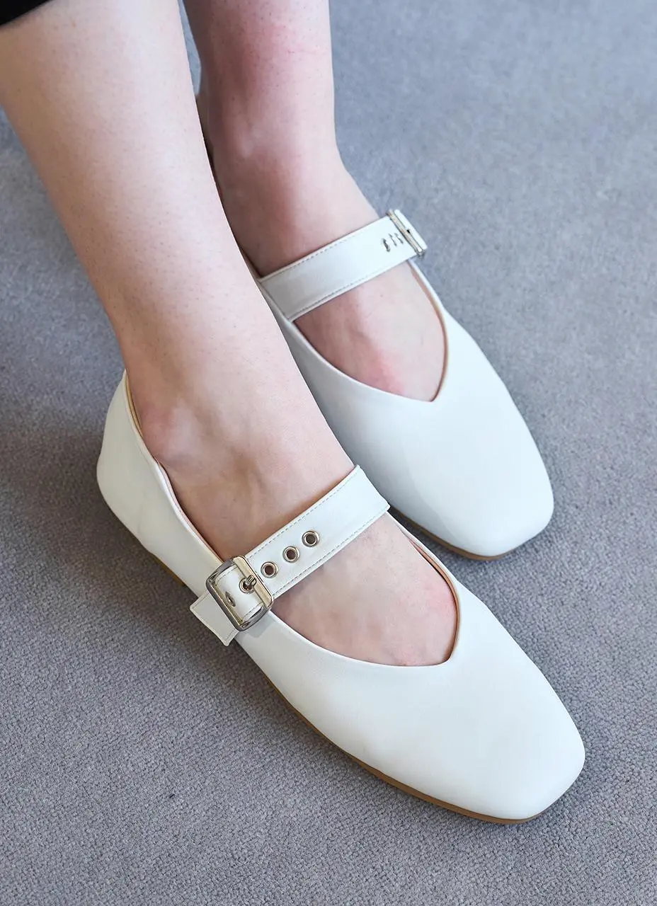 Sage Buckle Mary Jane Flat Shoes 1cm (CW0110WH)
