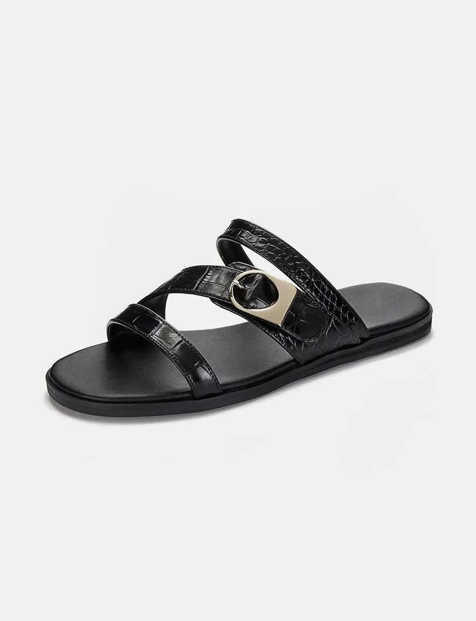 Anello Croc Embossed Crossover Strap Slippers - Black