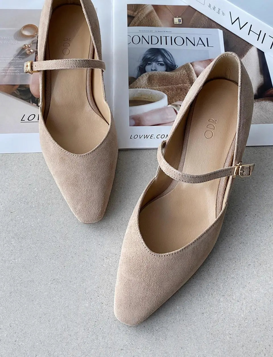Strap Suede Square Heel Pumps [Beige] (ODR219191-1)