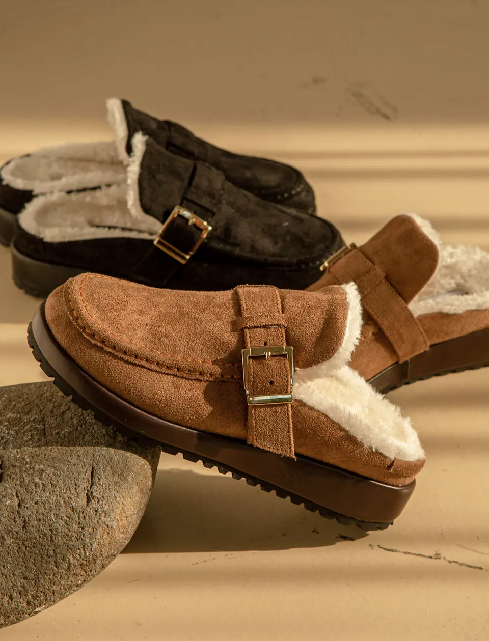 Square Buckle Fur Mules - 3Colors