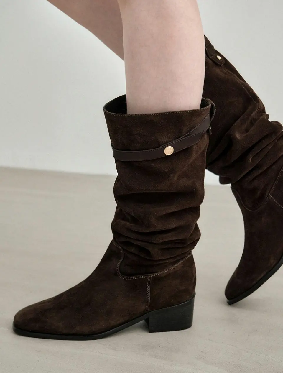 Buckle Strap Cow Leather Suede Shirred Long Boots (MDAC045) [2 Colors]