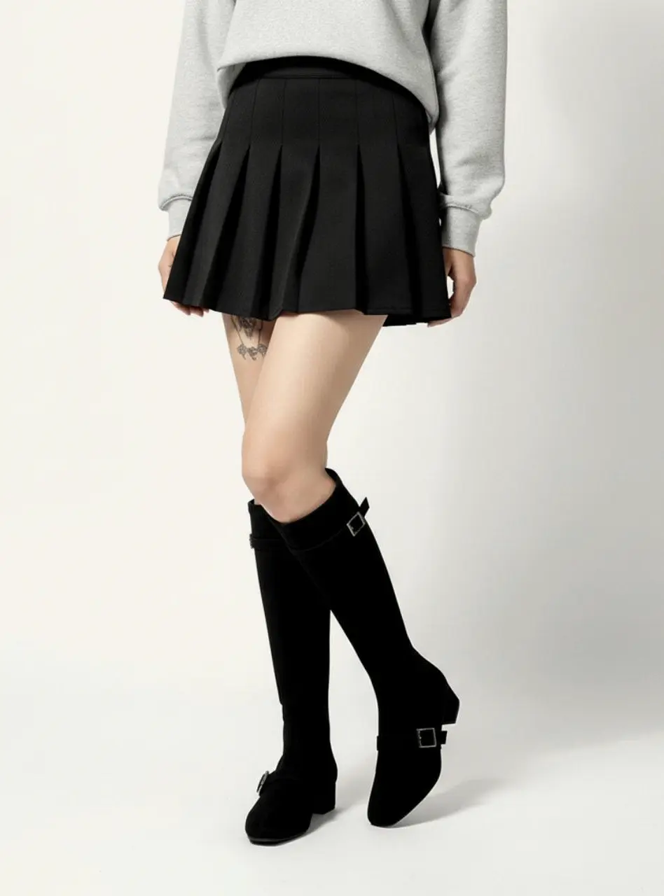 Suede Belted Long Boots [Black]