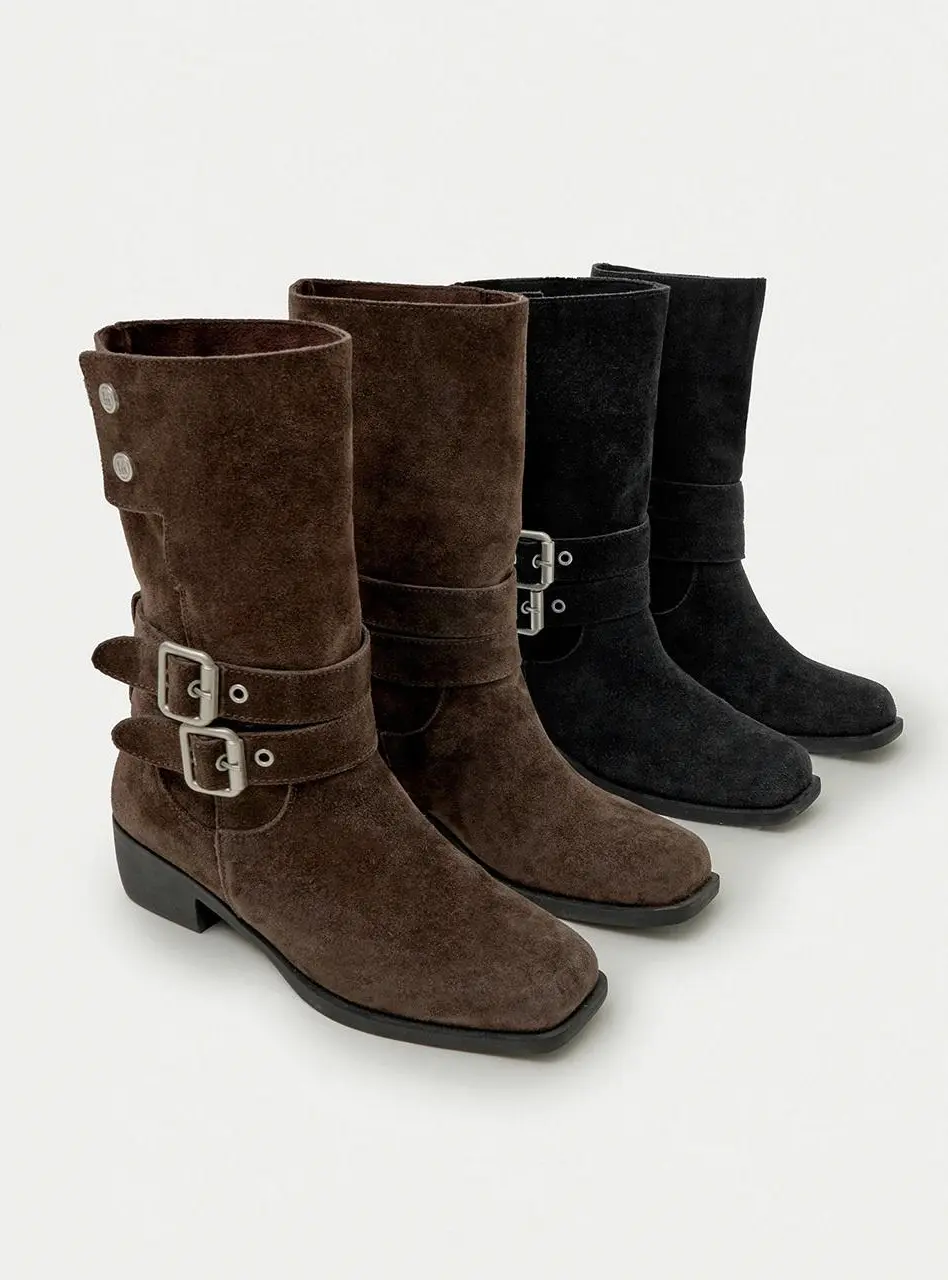 2-way Cow Leather Suede Buckle Mid Boots (MDAC043)