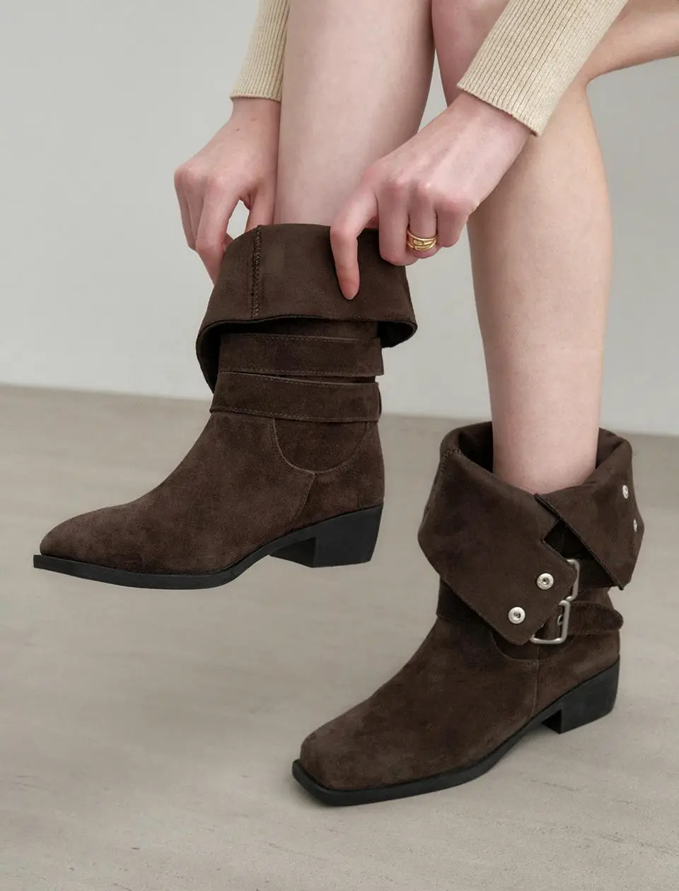 2-way Cow Leather Suede Buckle Mid Boots (MDAC043)