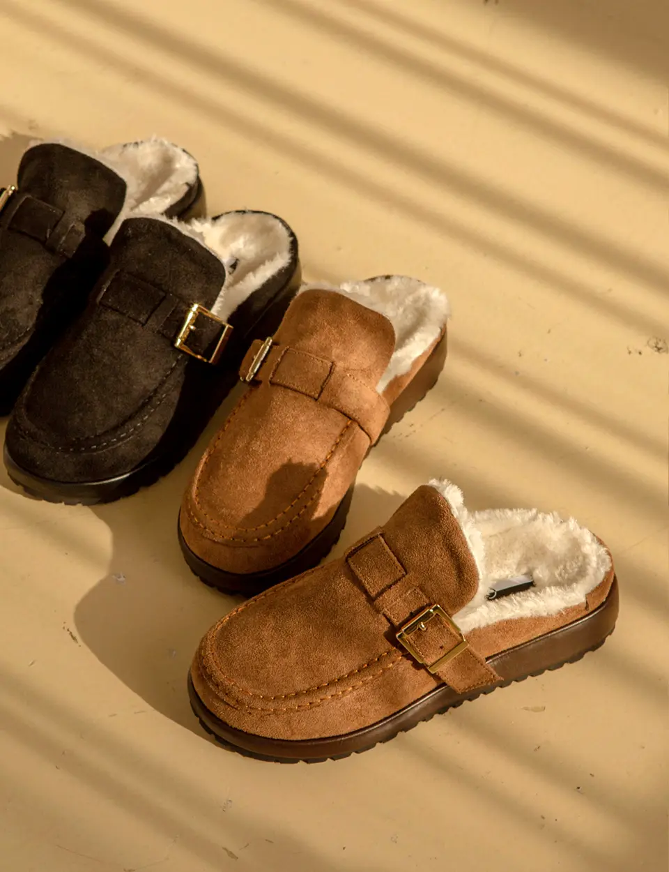 Square Buckle Fur Mules - 3Colors