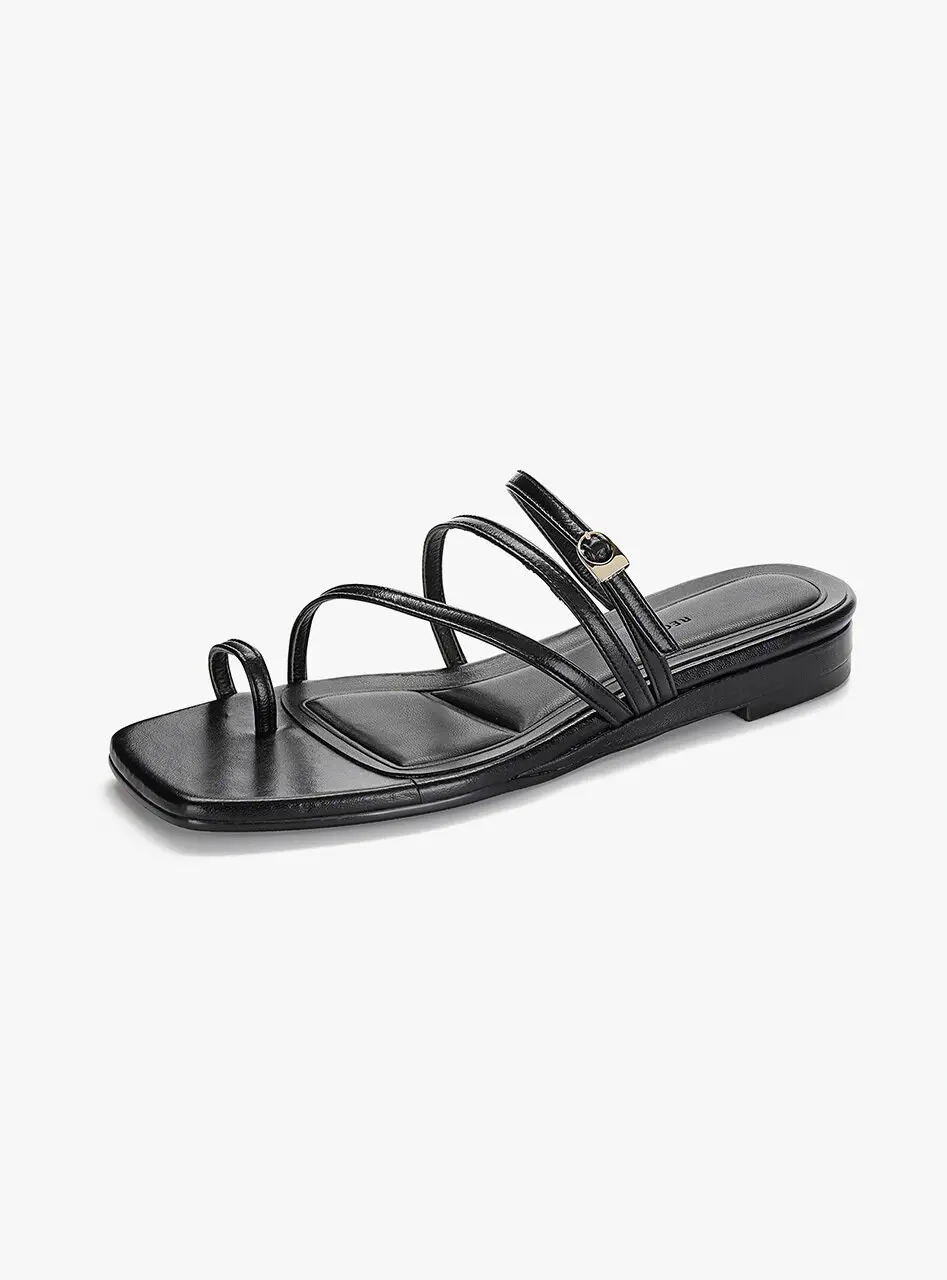 Unbalanced Strap Slippers - Black