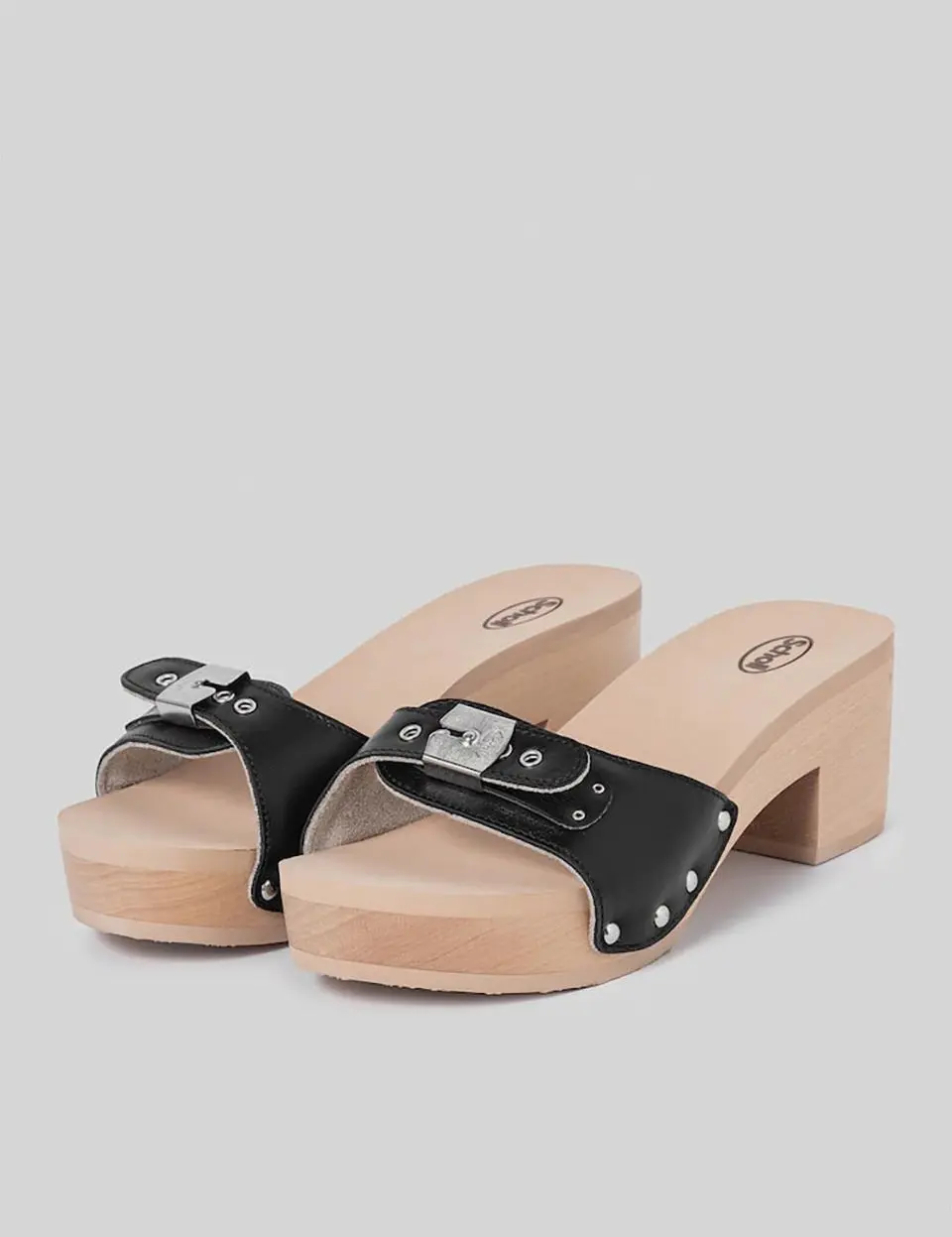 SCHOLL Wood Sole One Strap High Heel Sandals [Black] (HH44K2W115)