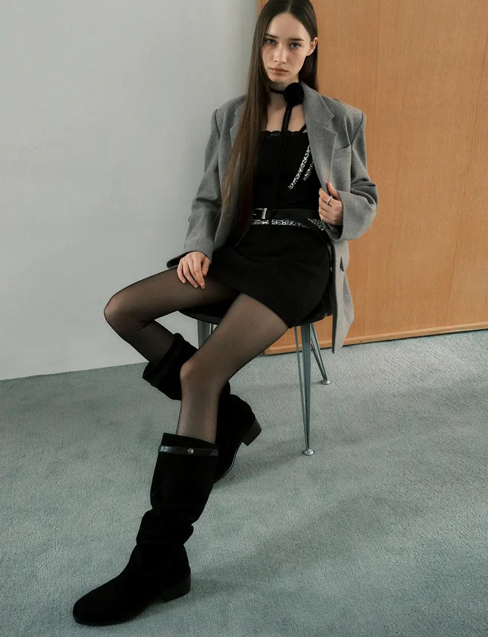 Buckle Strap Cow Leather Suede Shirred Long Boots (MDAC045) [2 Colors]