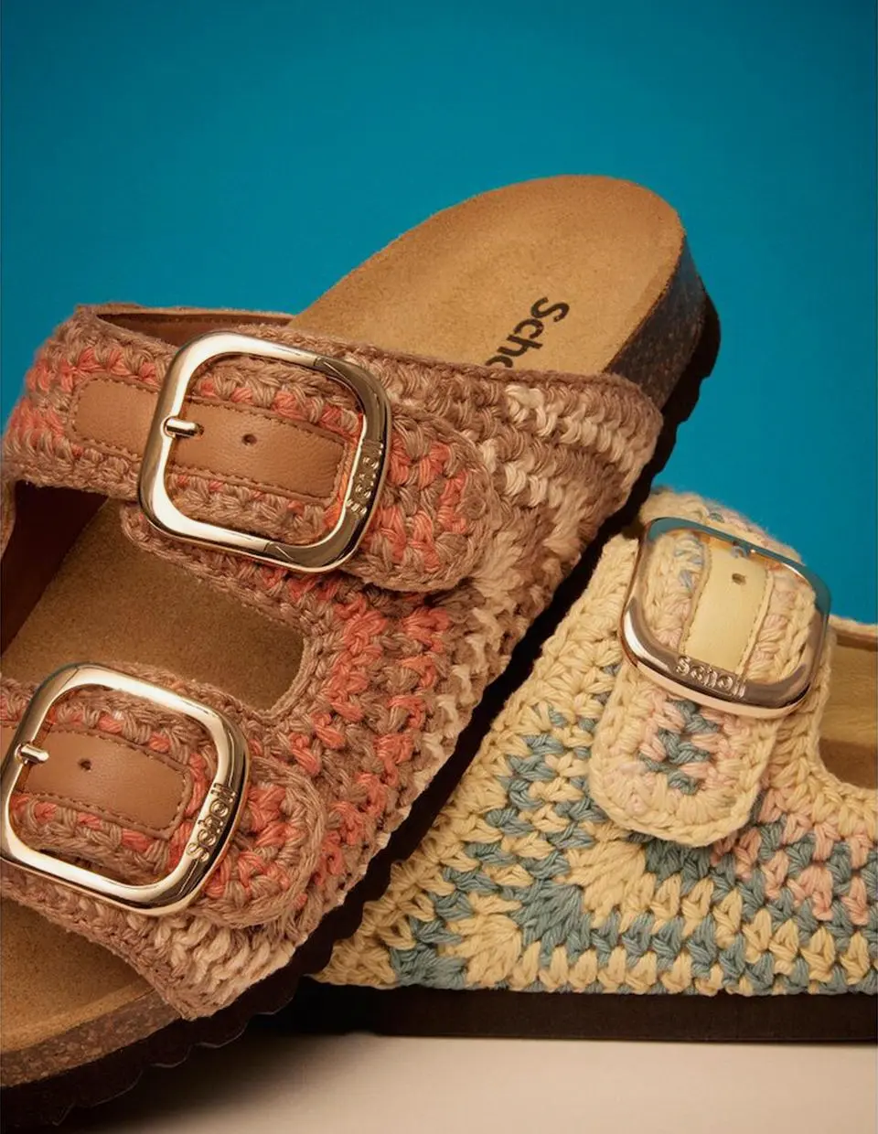 SCHOLL Cork Two-Strap Crochet Sandals [Pink] (HH54K2C19X)