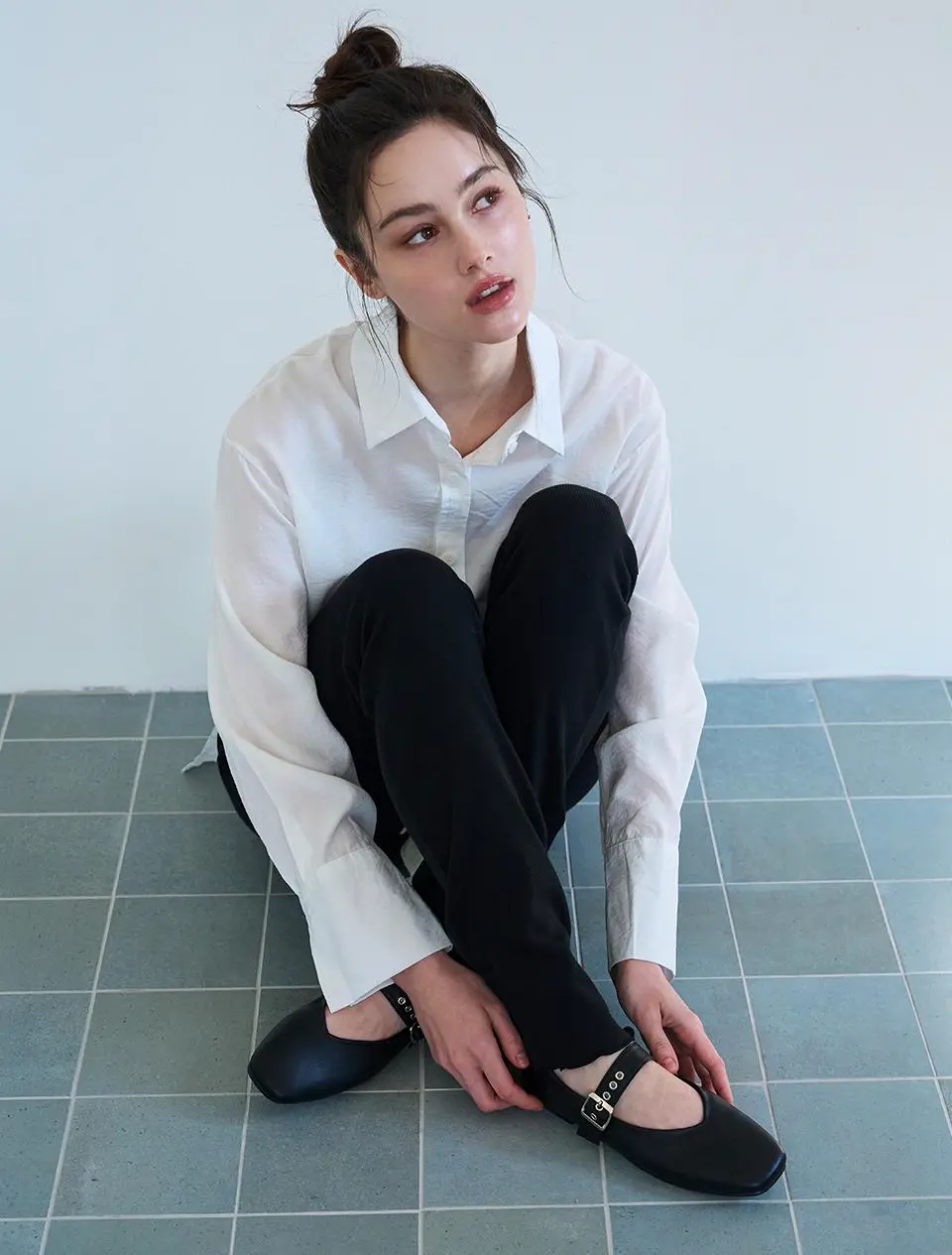 Sage Buckle Mary Jane Flat Shoes 1cm (CW0110BK)