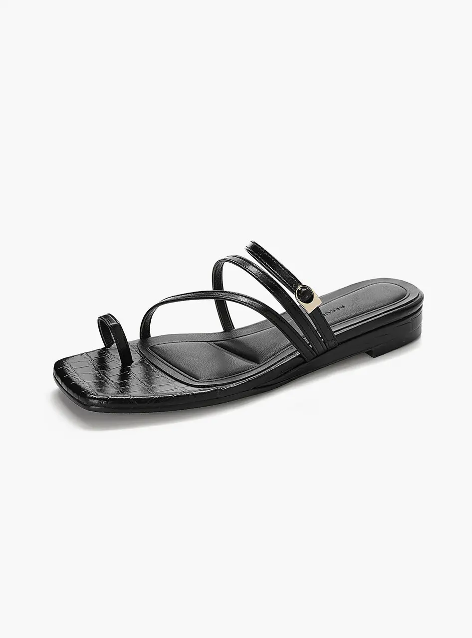 Unbalanced Strap Slippers - Black