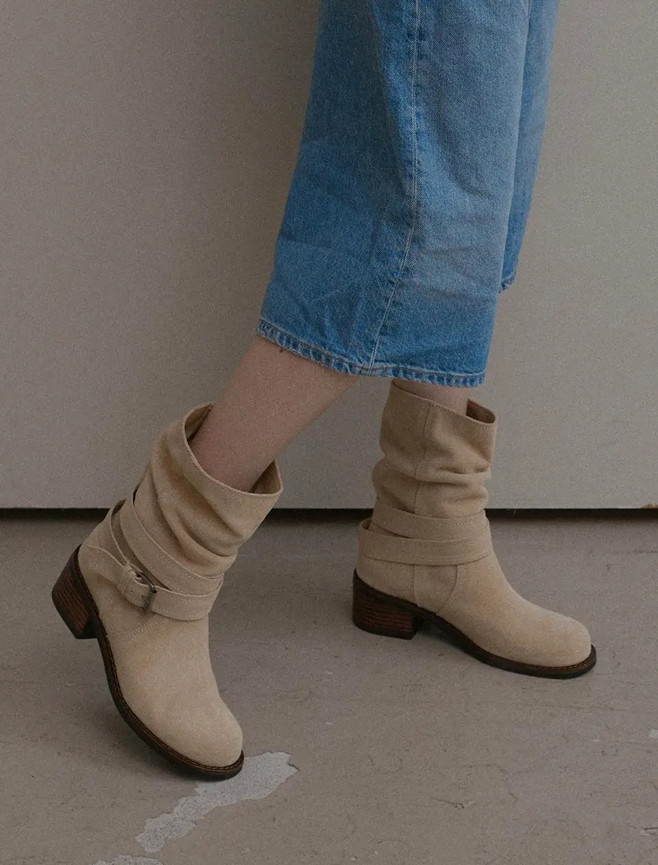 Natural Cowhide Suede Slouchy Mid-Calf Boots (me345)