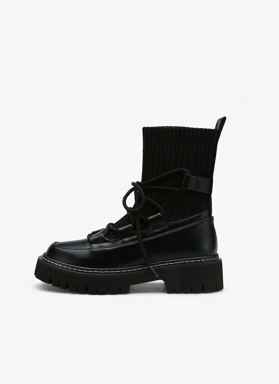 Lace Up Checkered Sol Knitwear Socks Boots (4cm)