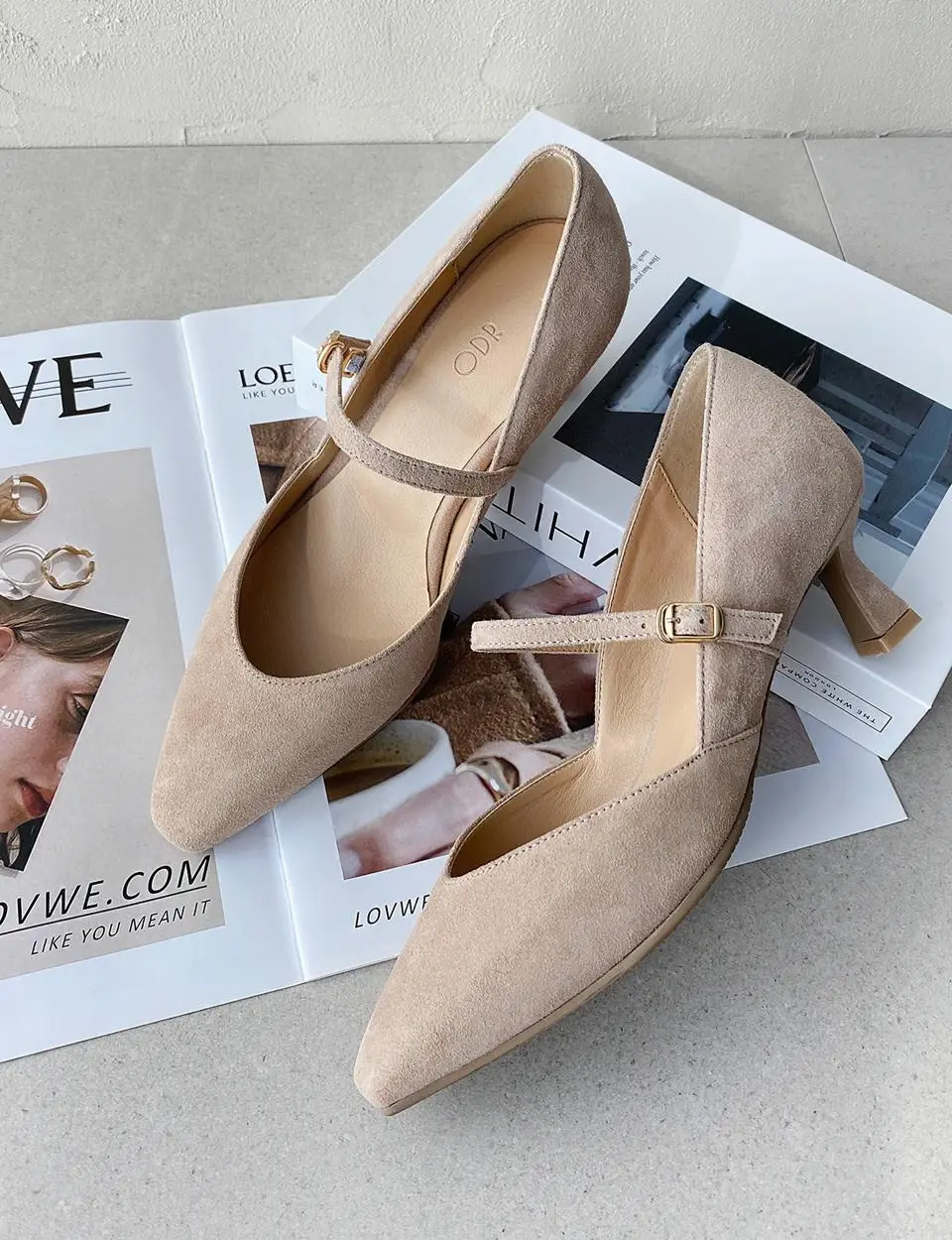 Strap Suede Square Heel Pumps [Beige] (ODR219191-1)