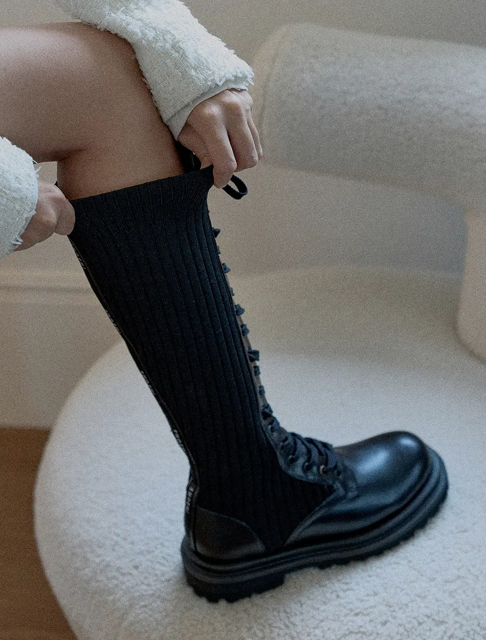 Lena Knit Lace-Up Long Walker Boots