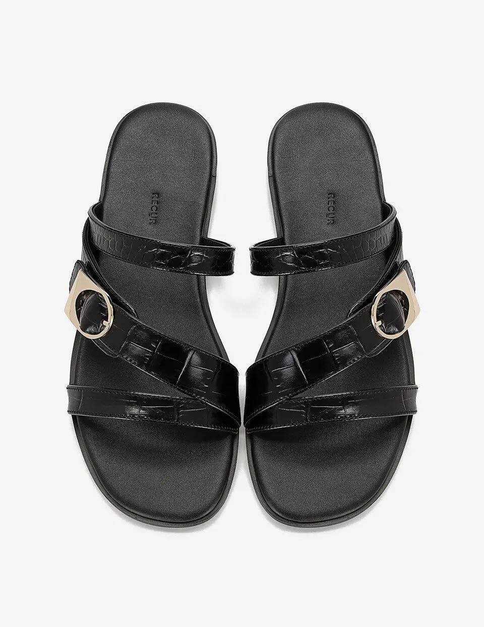 Anello Croc Embossed Crossover Strap Slippers - Black