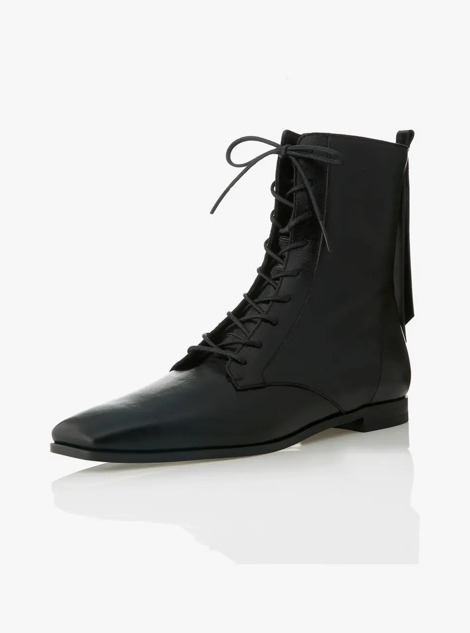 Square Toe Lace-up Ankle Boots - Black (MD1090b)