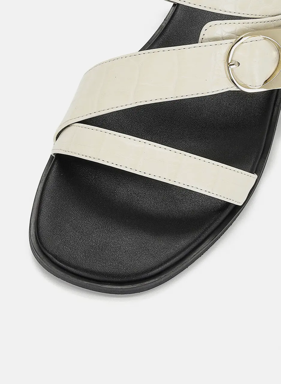Anello Croc Embossed Crossover Strap Slippers - Ecru