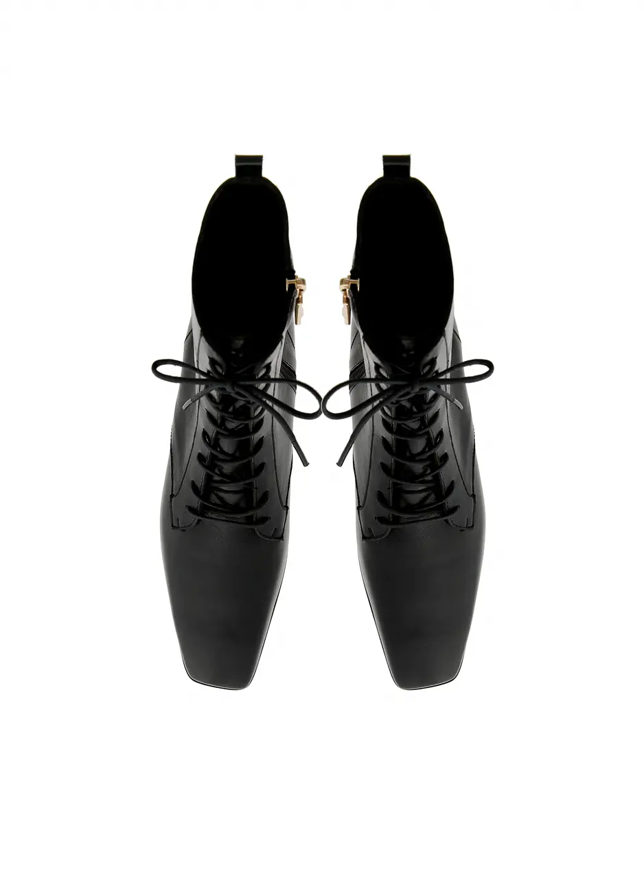 Square Toe Lace-up Ankle Boots - Black (MD1090b)