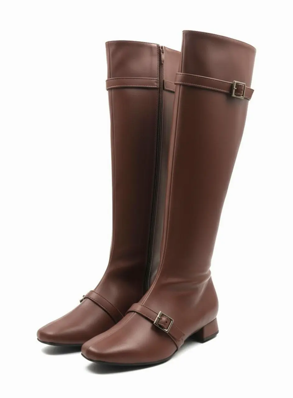 Leather Belted Long Boots [Brown]