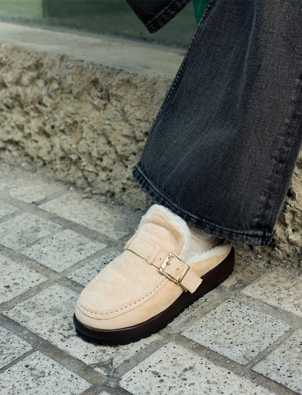 Square Buckle Fur Mules - 3Colors