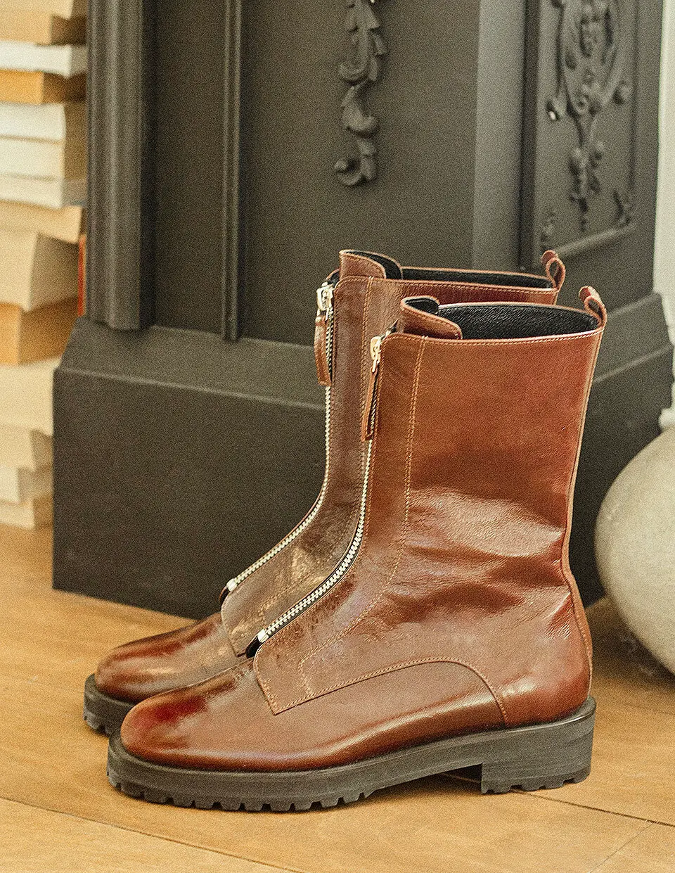 Front Zip Up Boots_Burgundy
