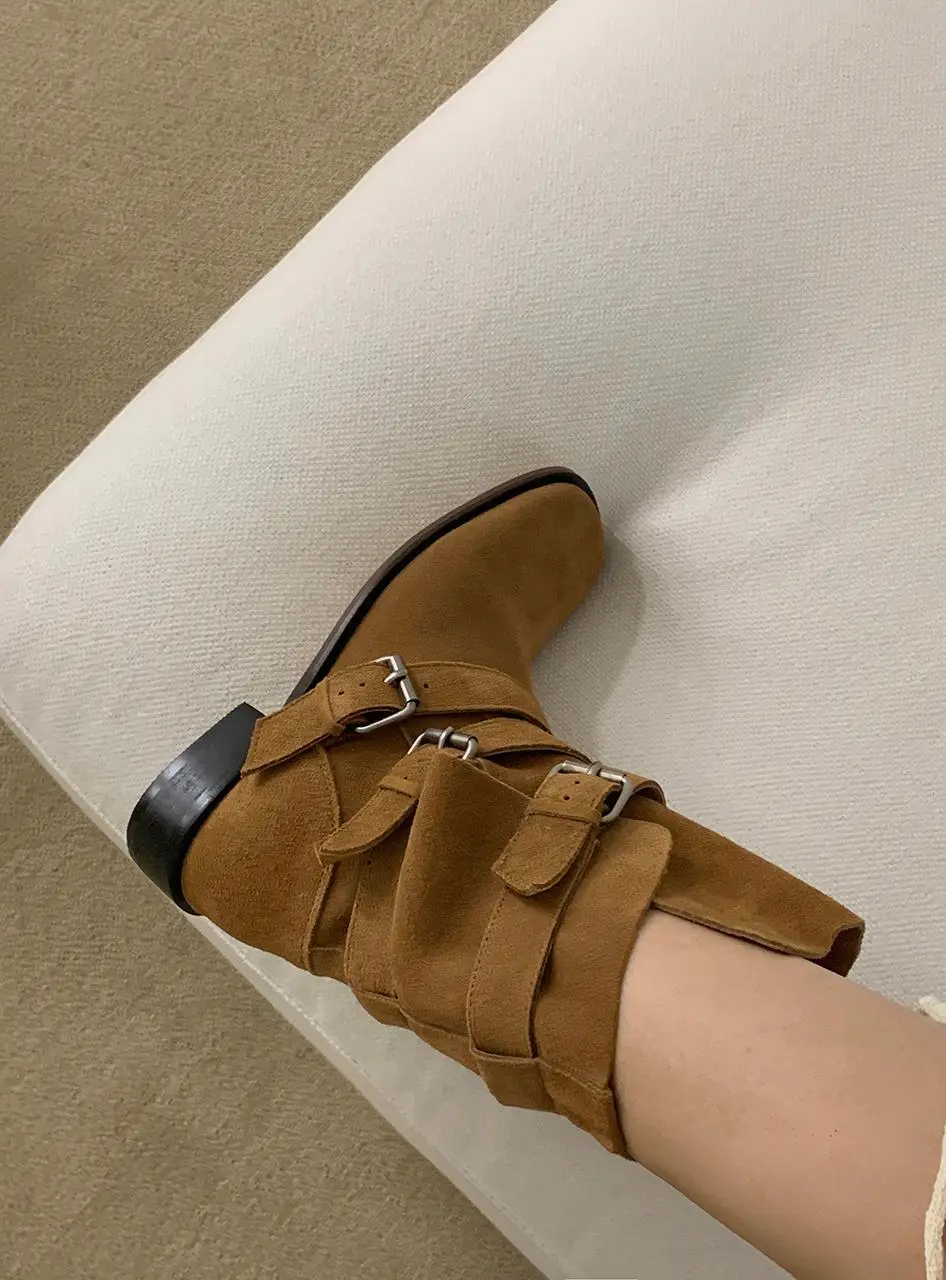 Vintage Layered Buckle Strap Middle Boots (ME6189)