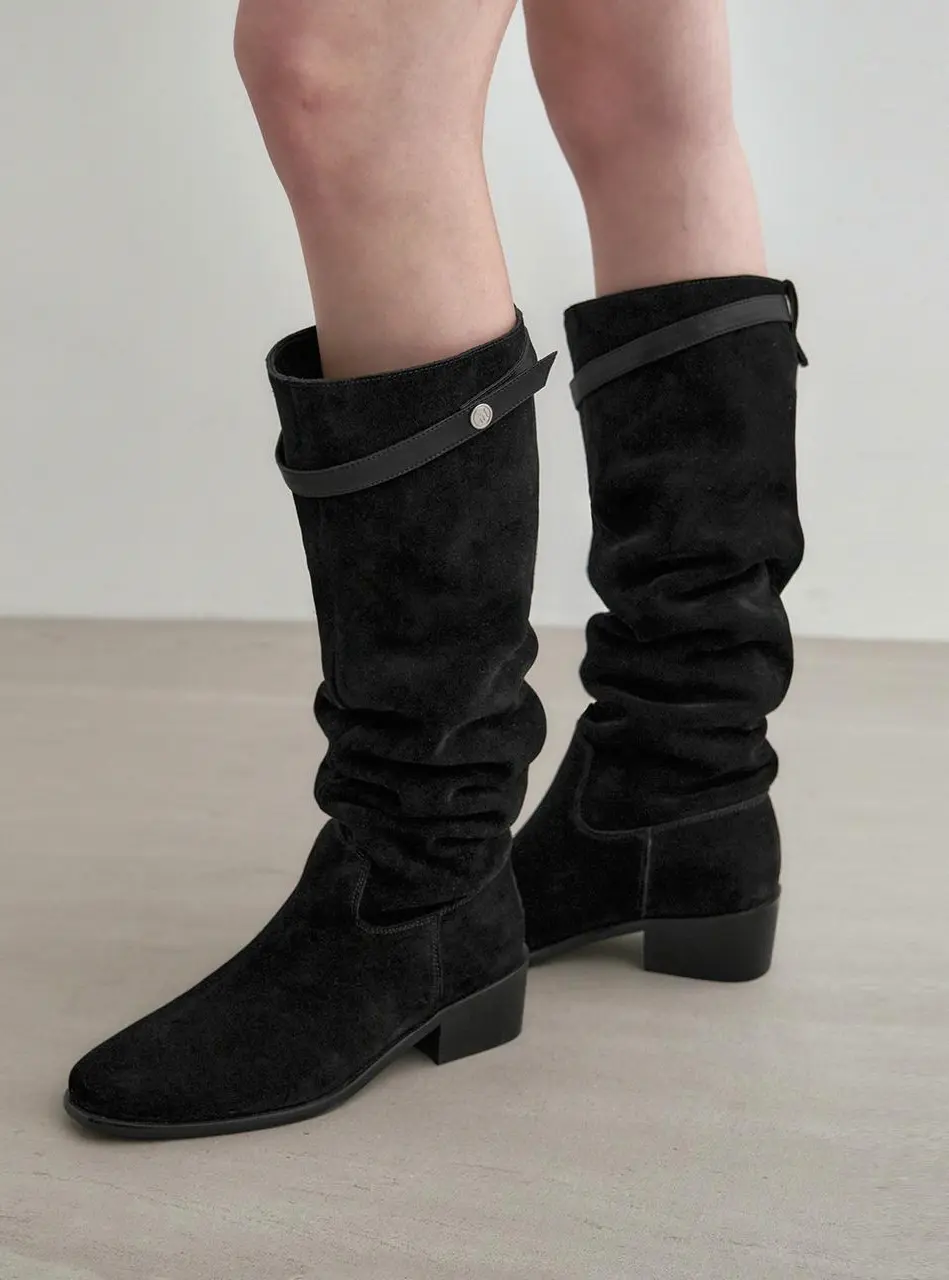 Buckle Strap Cow Leather Suede Shirred Long Boots (MDAC045) [2 Colors]