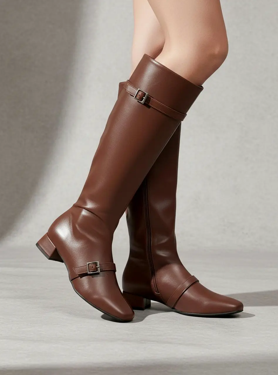 Leather Belted Long Boots [Brown]