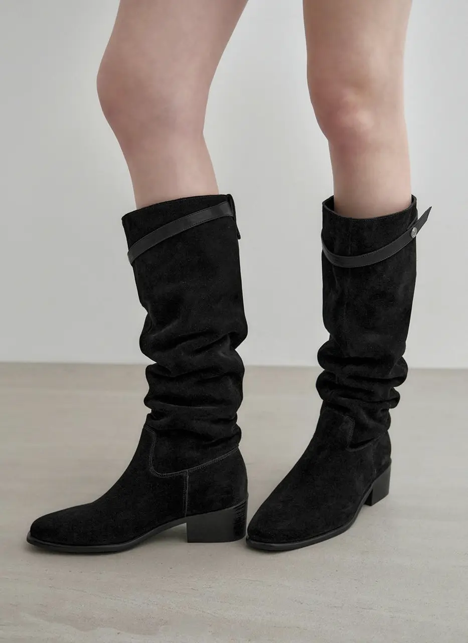 Buckle Strap Cow Leather Suede Shirred Long Boots (MDAC045) [2 Colors]