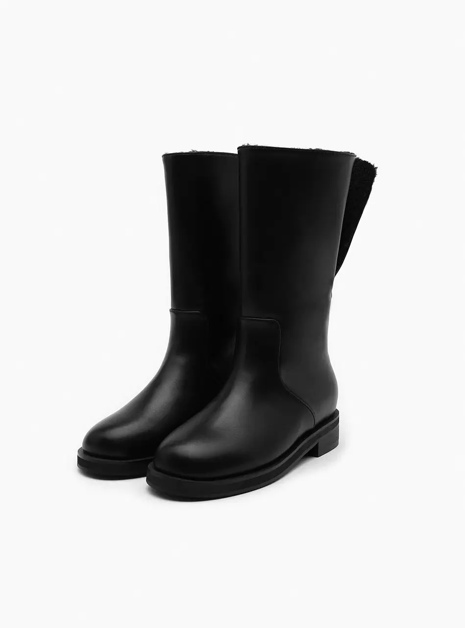 Fur-lined Round Synthetic Leather Mid Boots