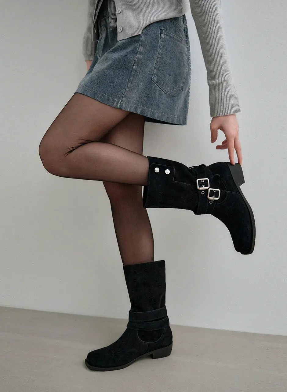 2-way Cow Leather Suede Buckle Mid Boots (MDAC043)