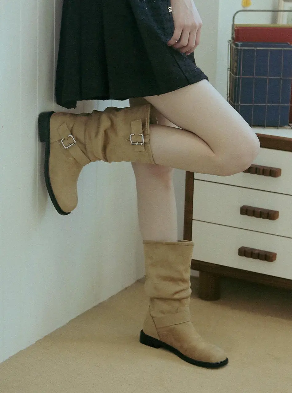 Buckle Shirring Adjustable Mid Boots