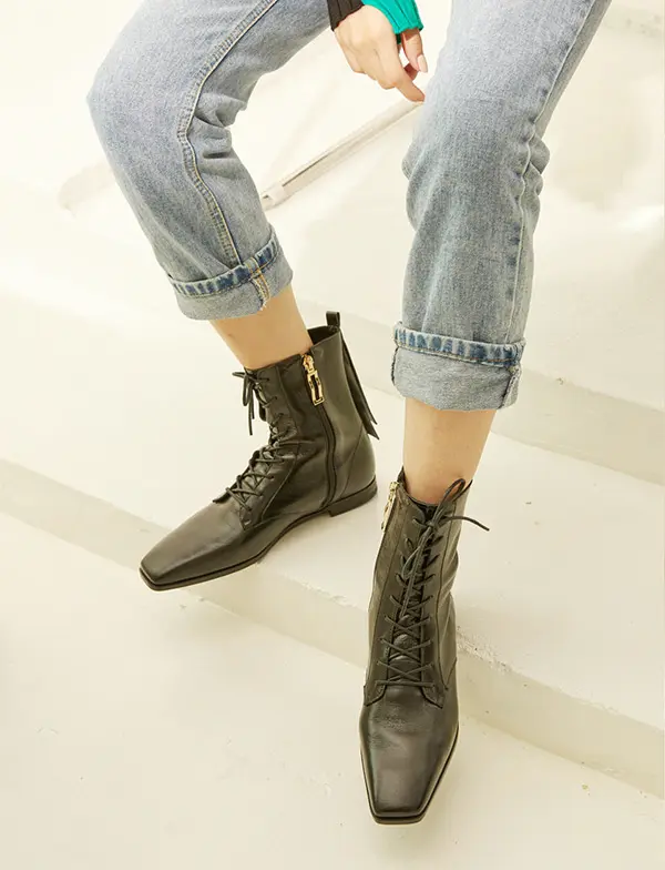 Square Toe Lace-up Ankle Boots - Black (MD1090b)