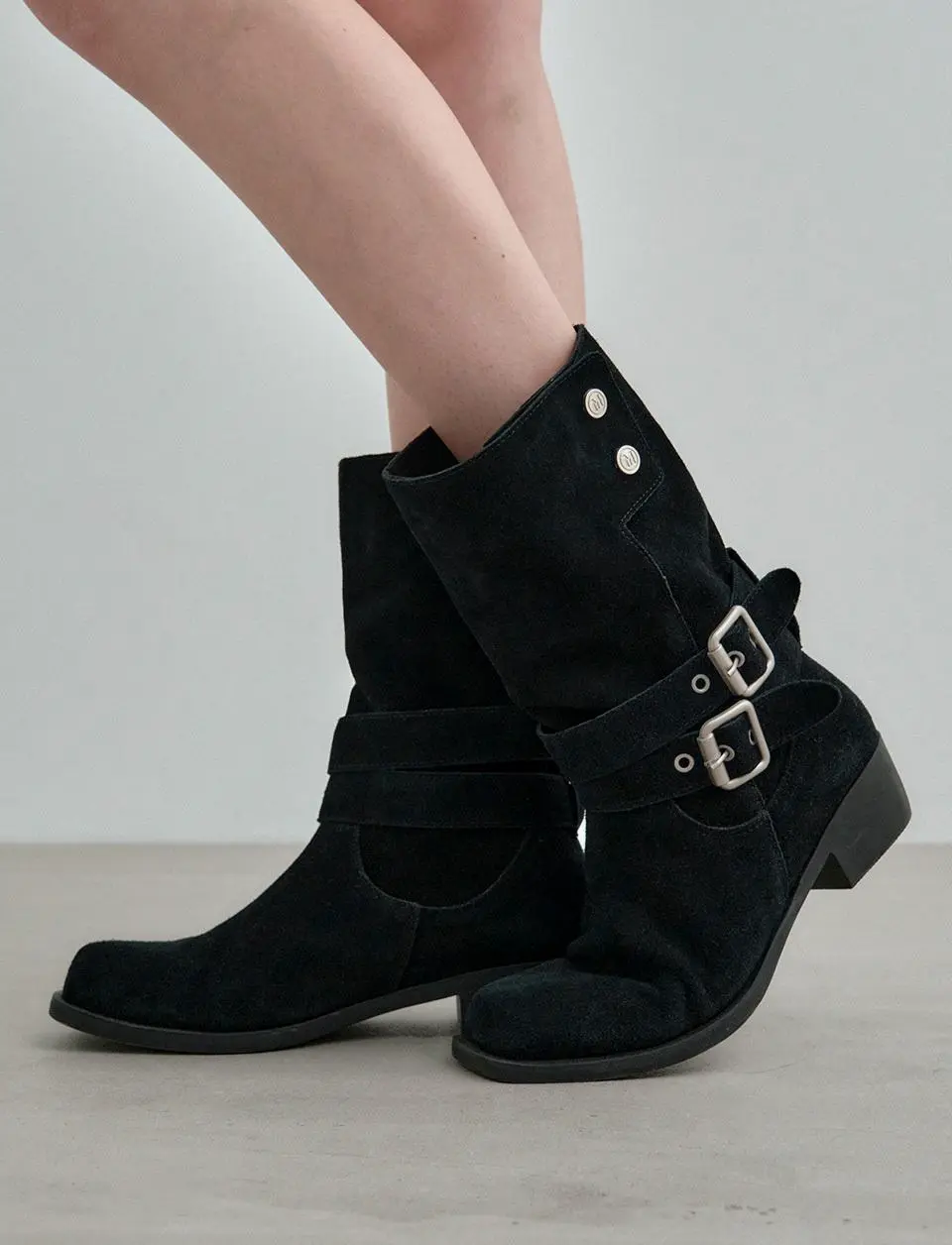 2-way Cow Leather Suede Buckle Mid Boots (MDAC043)