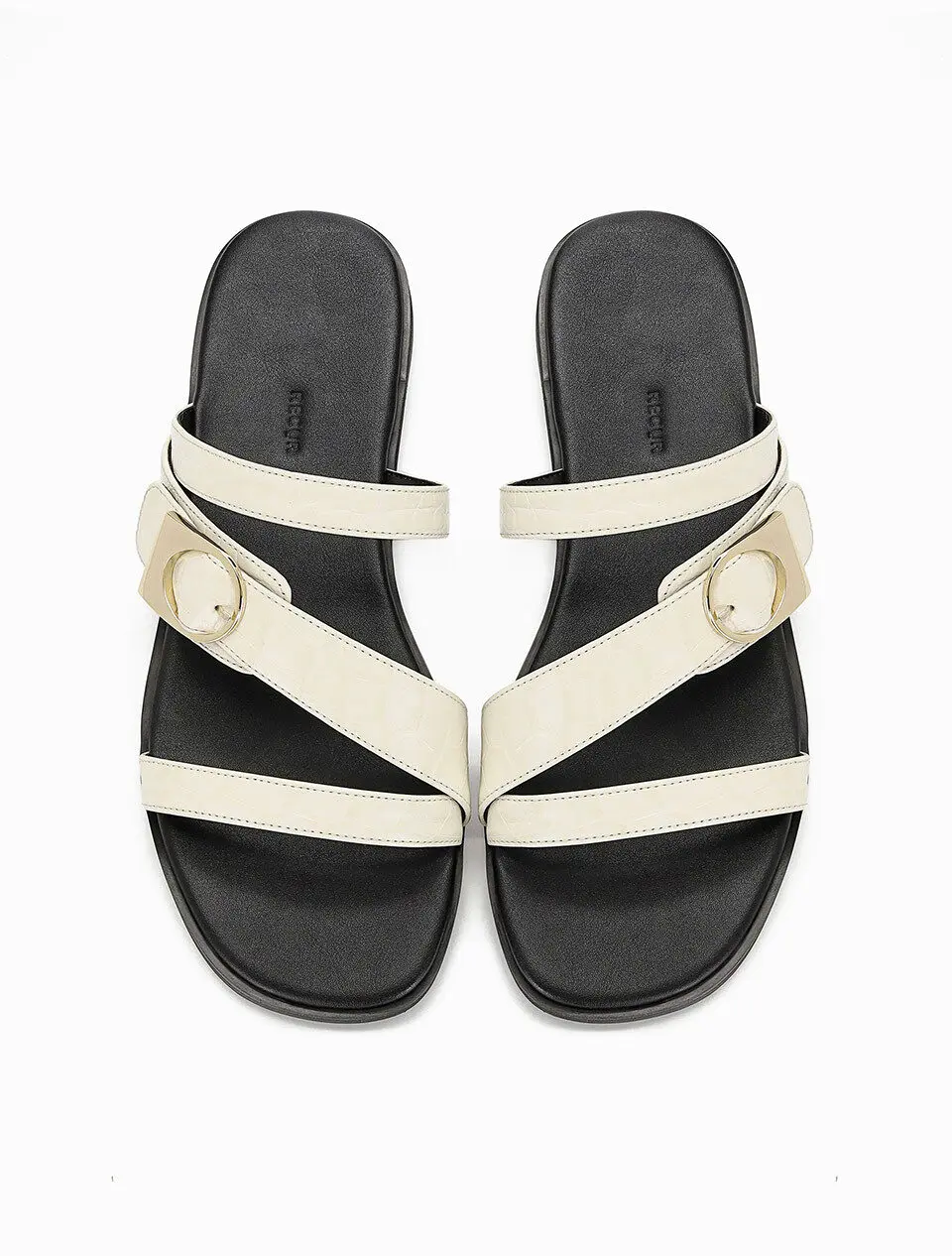 Anello Croc Embossed Crossover Strap Slippers - Ecru