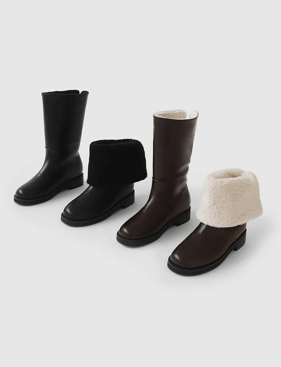 Fur-lined Round Synthetic Leather Mid Boots