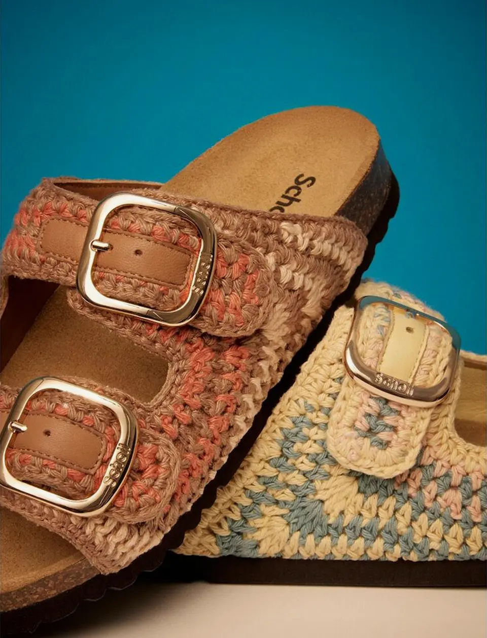 SCHOLL Cork Two-Strap Crochet Sandals [Yellowish Brown] (HH54K2C19B)