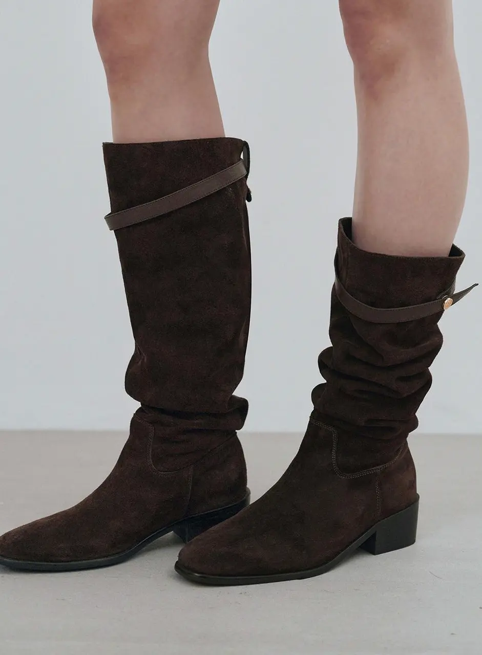 Buckle Strap Cow Leather Suede Shirred Long Boots (MDAC045) [2 Colors]