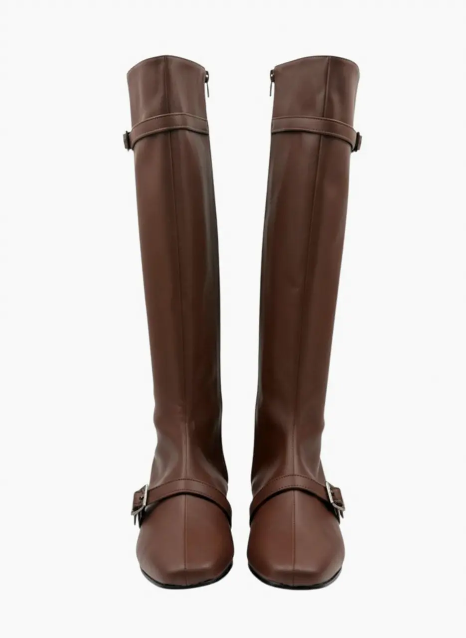 Leather Belted Long Boots [Brown]