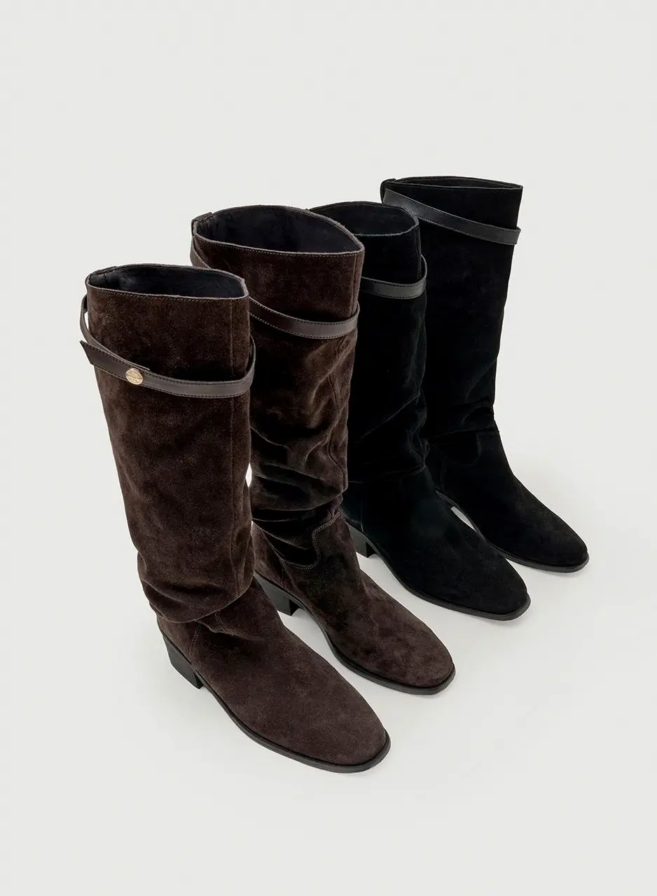 Buckle Strap Cow Leather Suede Shirred Long Boots (MDAC045) [2 Colors]