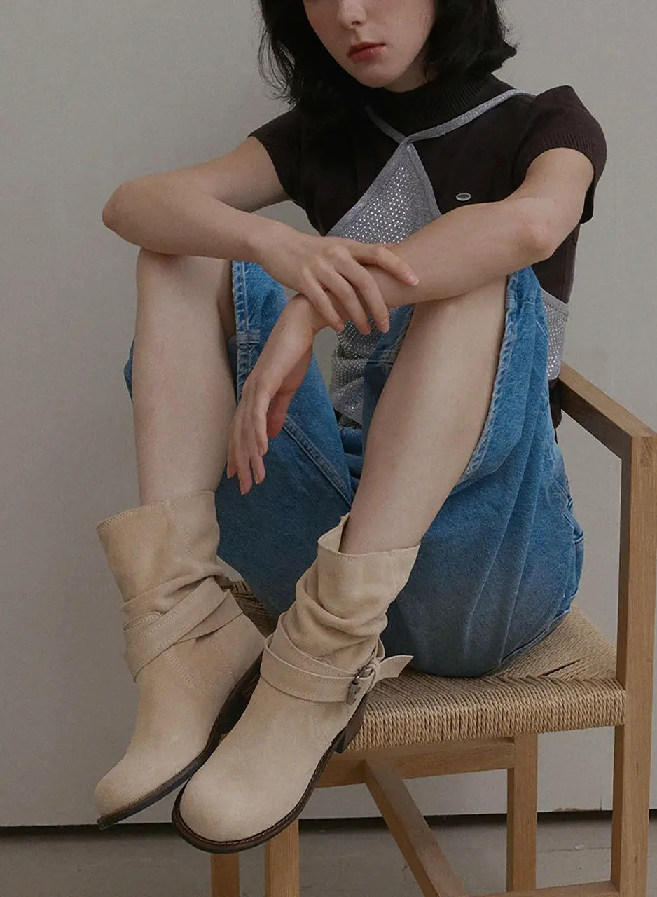 Natural Cowhide Suede Slouchy Mid-Calf Boots (me345)