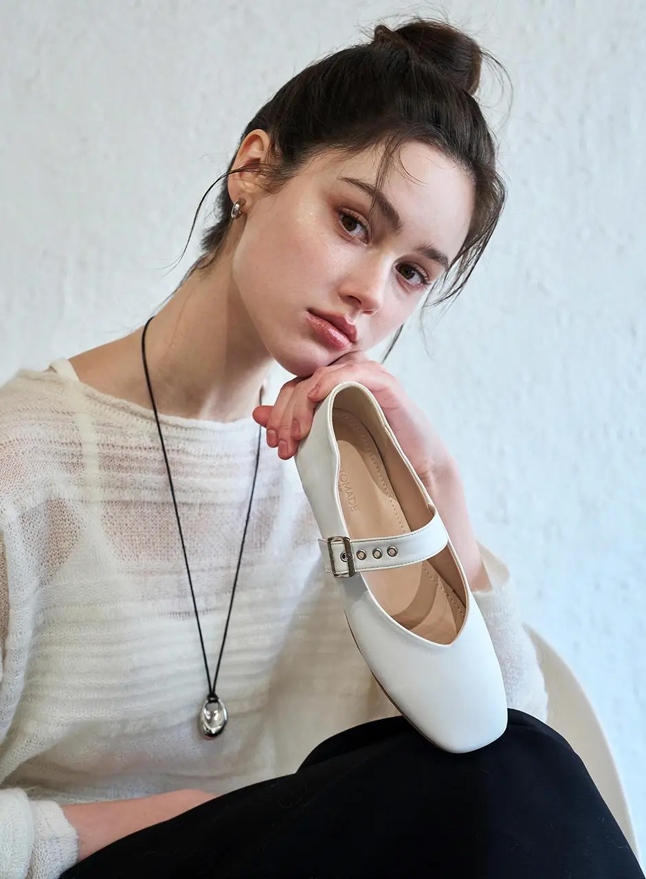 Sage Buckle Mary Jane Flat Shoes 1cm (CW0110WH)